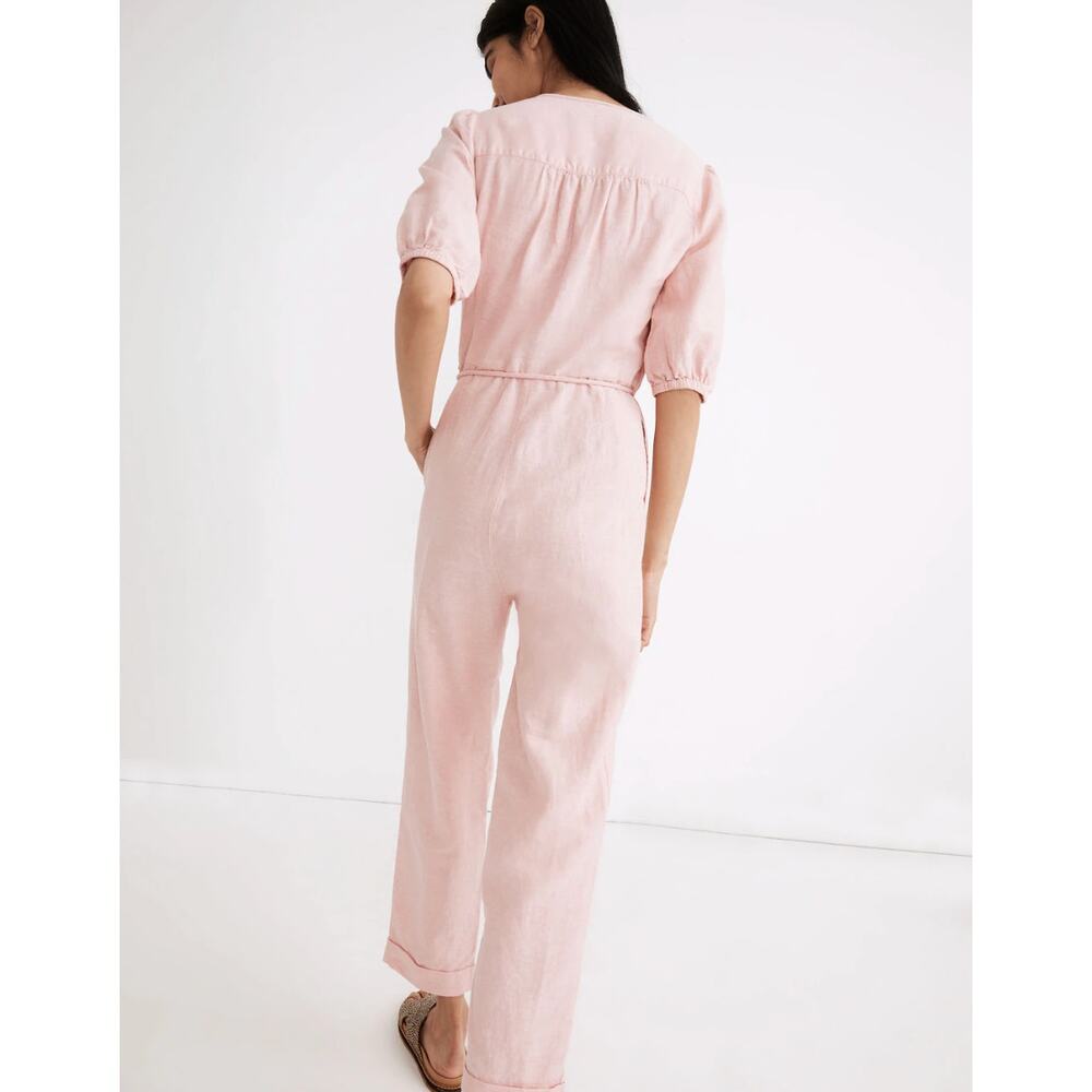 NEW Madewell Linen Blend Puff Sleeve Tassel Tie Jumpsuit Relaxed Fit Pink XXS - Picture 2 of 16